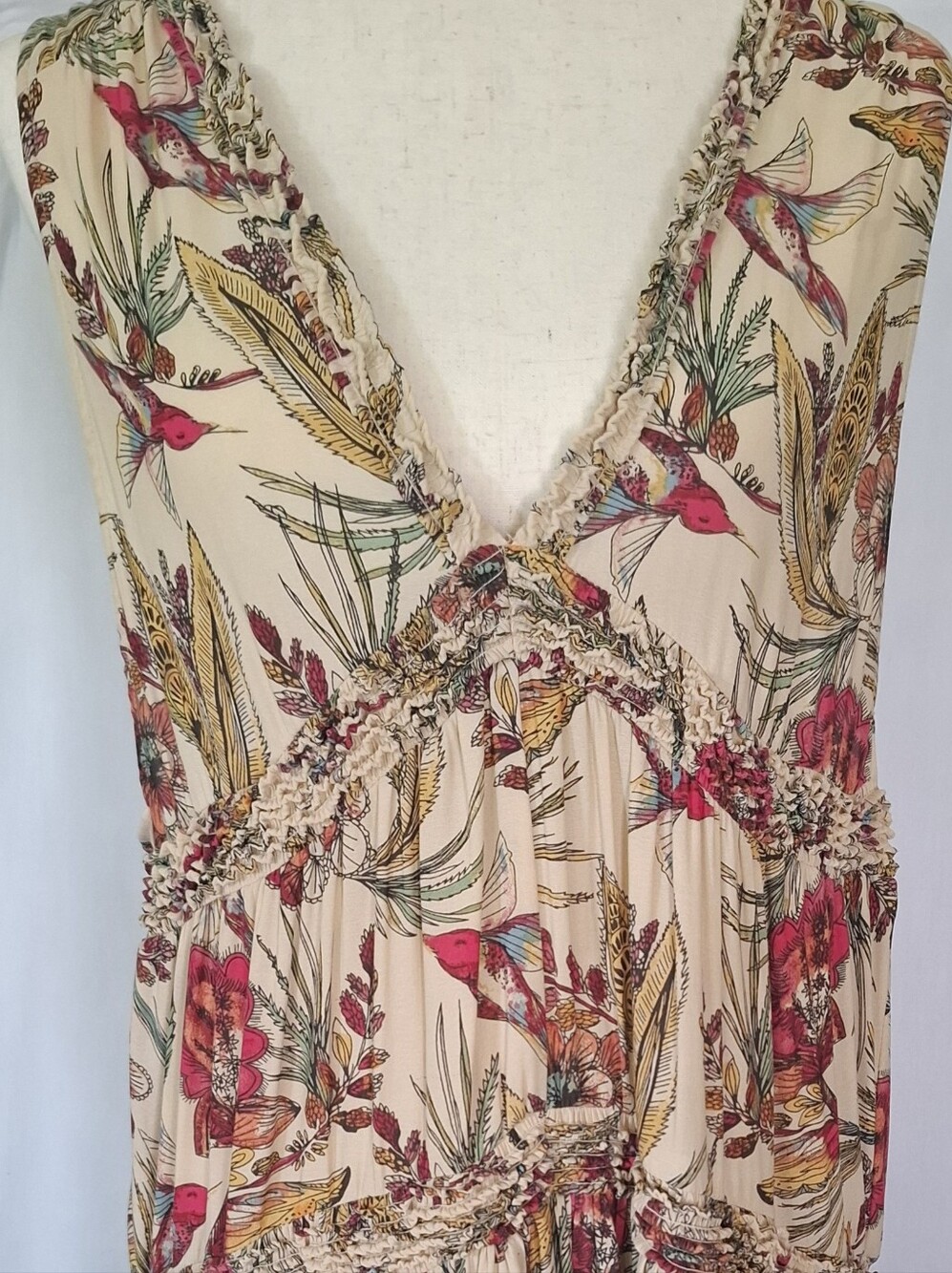 Free People "Haze" Hummingbird Floral. Cream Tiered V-Neck Babydoll Tunic
